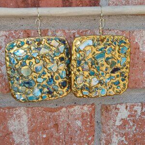 Geode Cluster Turquoise Blue Metallic Gold Earrings